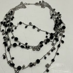 Multi-Strand Black Beaded Necklace with Silver Chains - Unbranded